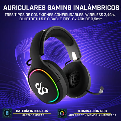 Newskill Aton Black | Auriculares Gaming Inalámbricos | 2.4Ghz | Bluetooth 5.0 - Reacondicionado